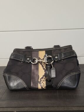 Vintage Coach Black Shoulder Bag with Brown and Yellow Snake-Print Stripe